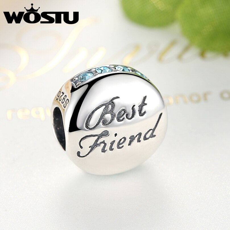 100% 925 prata esterlina melhor amigo charme grânulos com azul cz caber original wst pulseira autêntico diy jóias presente