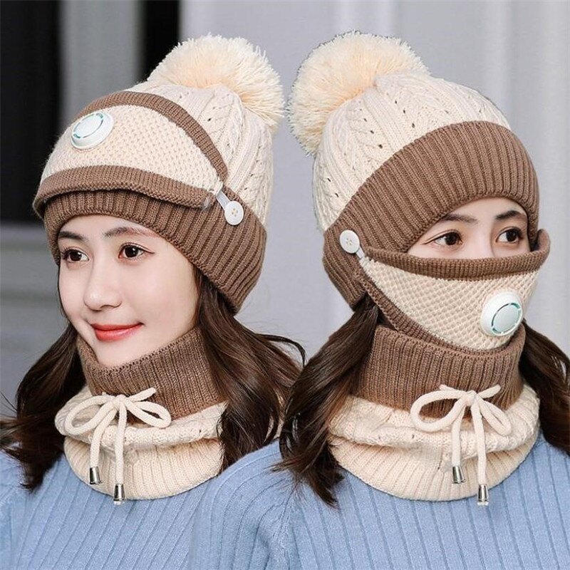 3 Pieces Set Women's Knitted Hat Scarf Caps Neck Warmer Winter Hat for Ladies Girls Skullies Beanies Warm Fleece Caps: beige