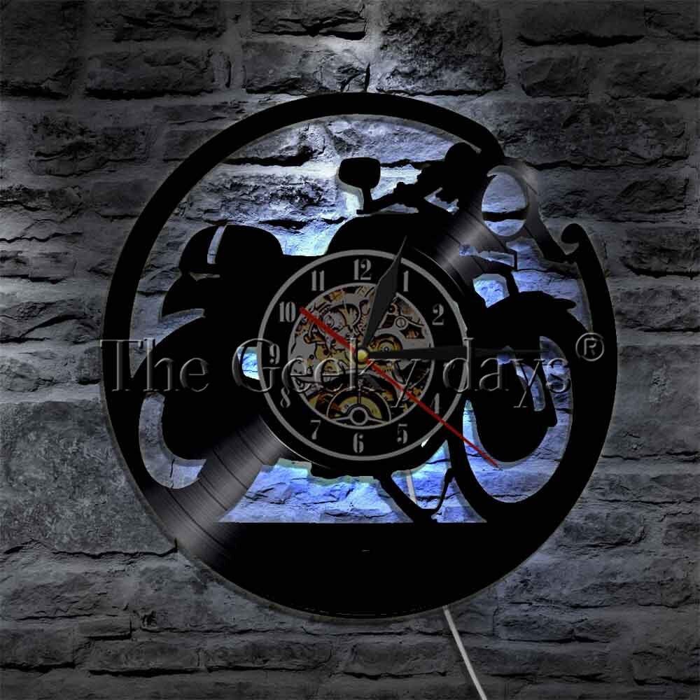Reloj de pared Cafe Racer clásico de motocicleta Vintage Reloj de pared de vinilo de registro reloj de moto Arte de la pared Decoración motociclista corredor de
