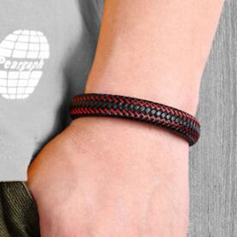 Mannen Rode Gevlochten Leer Armband Zwarte Magnetische Sluiting Armband Gevlochten Armband