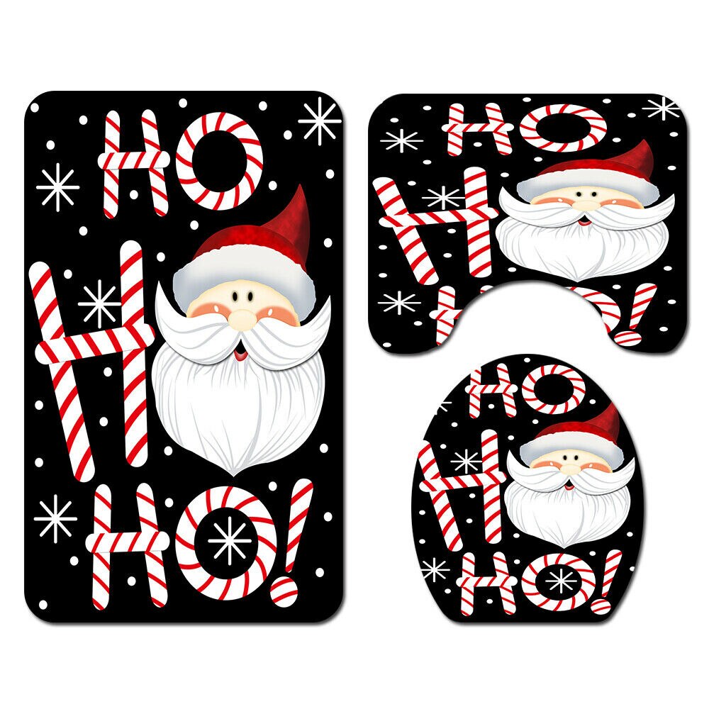 Christmas 4pcs Bathroom Shower Curtain Set Printed Santa Claus Bath Water Absorbing Toilet Polyester Cover Mat Home Decor: Black shower curtain
