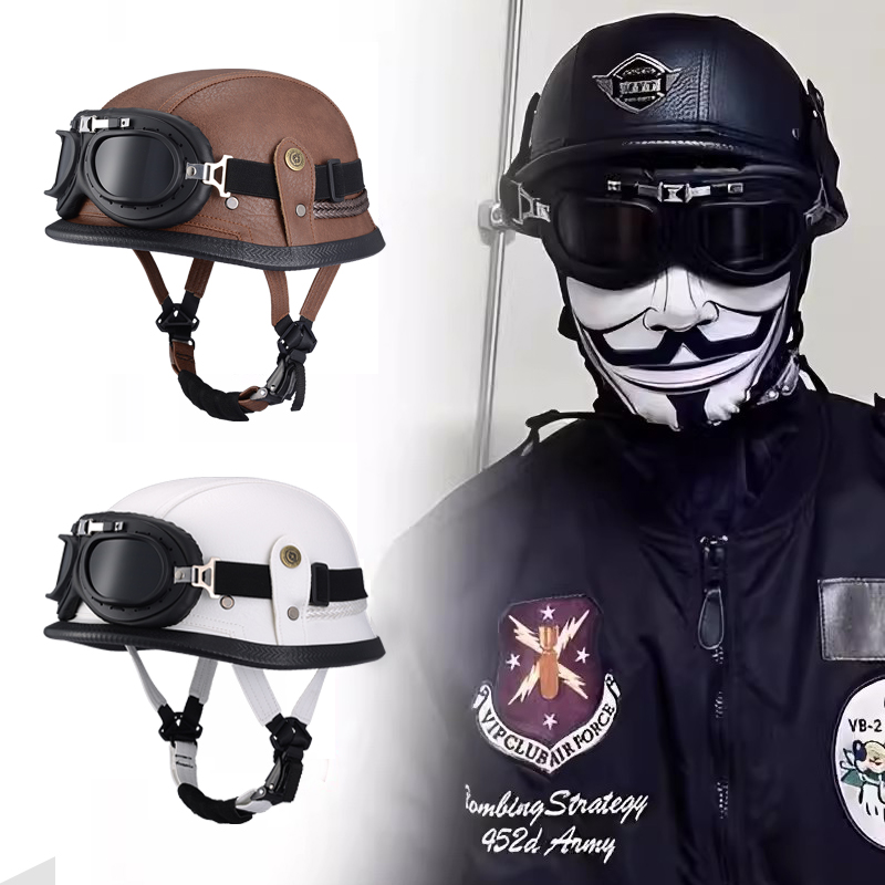 Casque demi-visage en cuir de Style allemand pour moto, prix d'usine, Cap1/2 approuvé par le DOT, casques + lunettes à visage ouvert