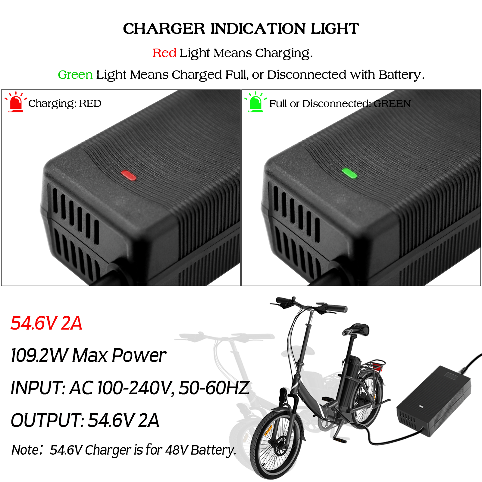 54.6V 2A Electric Bike Lithium Battery Charger for 48V Battery, Universal Charger for e-bike and e-scooter DC5525 DC5521
