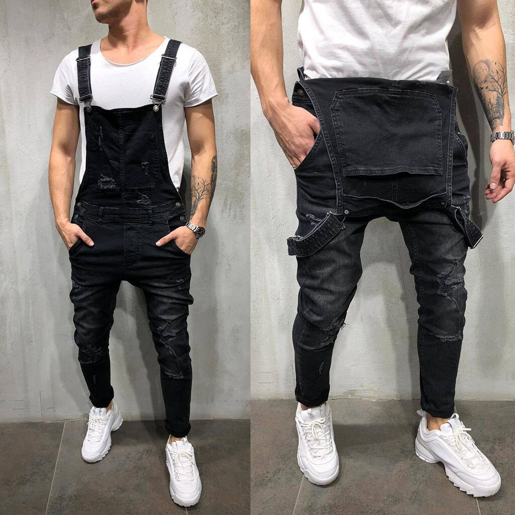 Men's British Style Denim Bib Pants Full Length Jeans Jumpsuits Hip Hop Ripped Jeans Overalls for Men Streetwear
