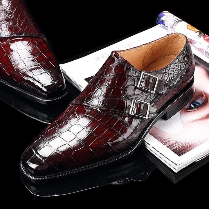 Heren krokodillenleren schoenen met lage hak, gesp, brogue schoenen, enkellaarsjes, vintage, klassiek, mannelijk, casual  f59