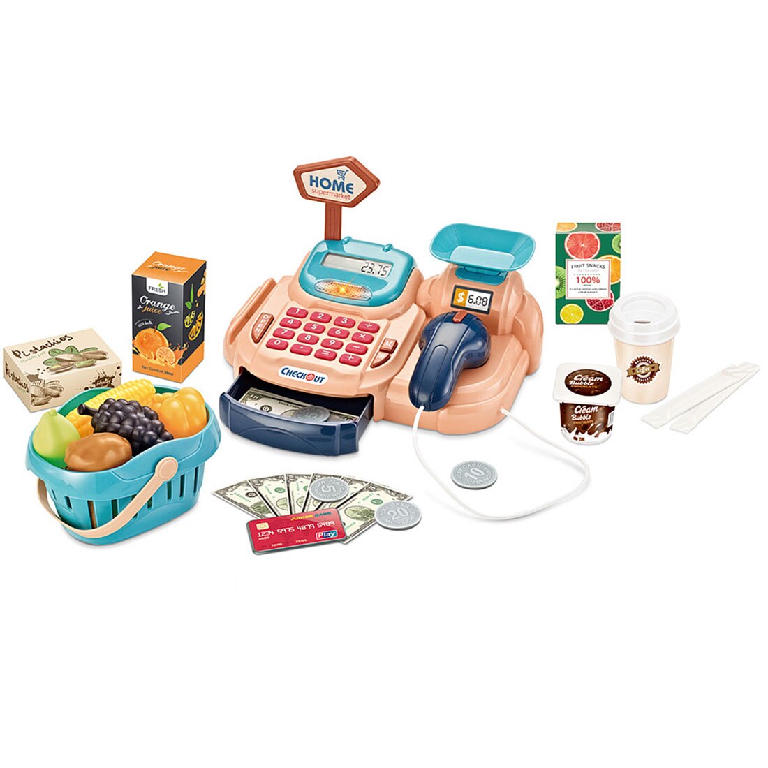 27Pcs Kinderen Supermarkt Pretend Play Multifunctionele Simulatie Kassa Speelgoed Set-Rood: yellow