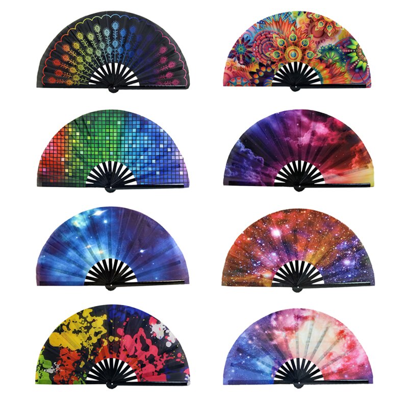Carnival Festival Hand Stain Fan Large Folding Fan Printing Kung Fu Fan Satin Bamboo Bone Fan Wedding Dance Supplies#11