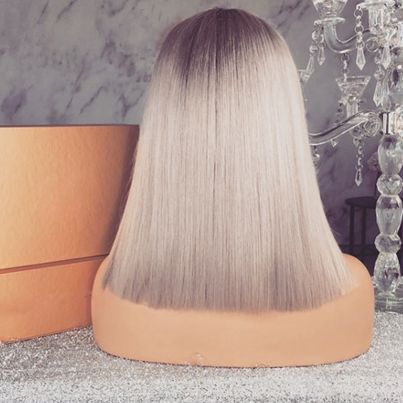 EEWIGS Ash Blonde Lace Front Pruik Met Donkere Wortels 14Inch Korte Bob Rechte Pruik 13x4 Ombre Synthetische pruiken Voor Zwarte Vrouwen
