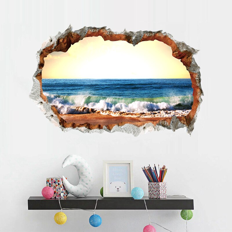 3D Blue Sea Sky Wall Sticker Ocean Beach Decoration Wallpaper Window View Vinyl Mural Home Decor Background Wall Sticker