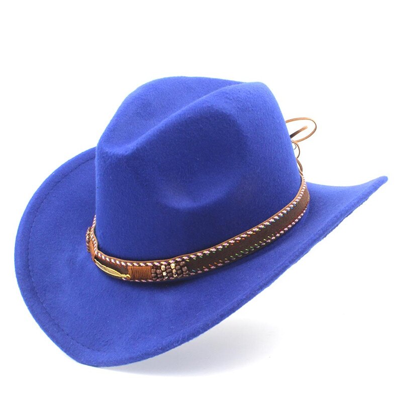 Menns ull vestlig cowboyhatt til herre dame vinter høst jazz cowgirl cloche sombrero caps med belte: Blå