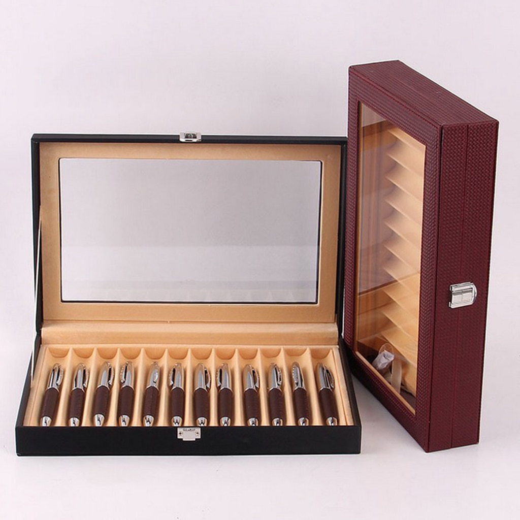12 Slots Leatherette Pen Display Case Storage and Fountain Pen Collector Organizer Box with Glass Top Lid