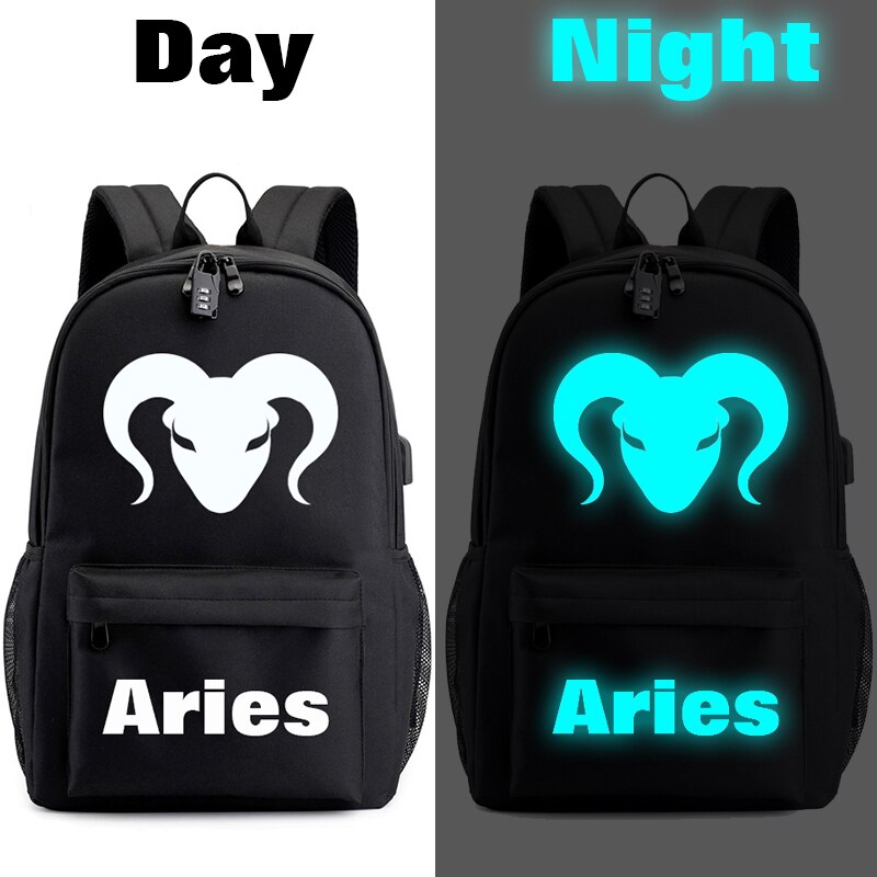 BPZMD Luminous 12 Zodiac Sign Canvas Schoolbag Constellation Horoscope for Boys and Girls Backpack: Aries