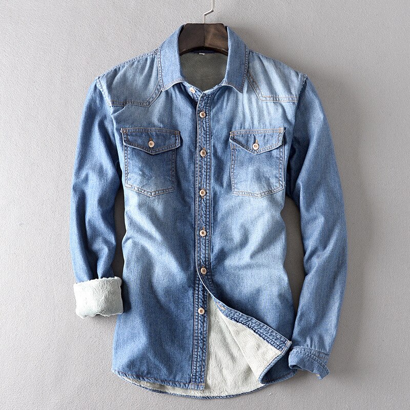 Winter Fall Warm Fleece Lined Cotton Denim Shirts Solid Blue Pockets Jeans Shirt Men Loose Fit Leisure Male Coat Chemise Homme