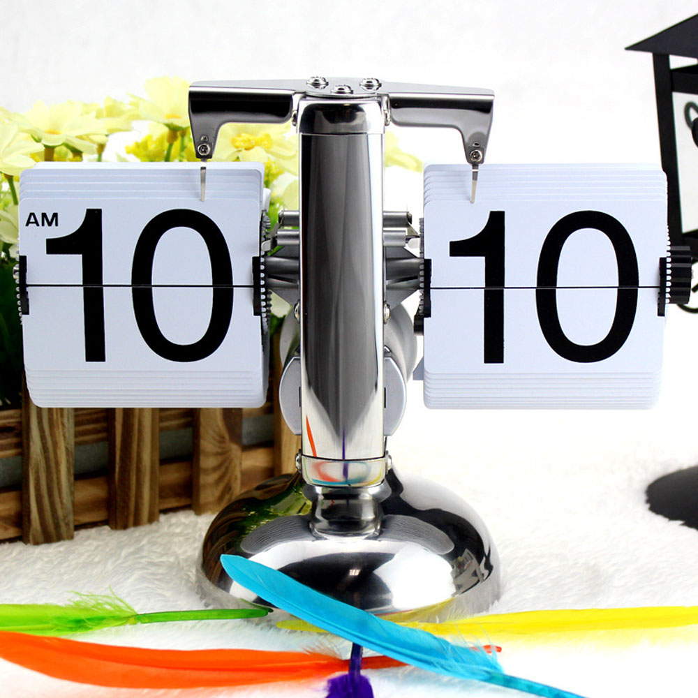 Small Scale Table Clock Retro Flip Over Clock Stainless Steel Flip Internal Gear Operated Quartz Clock Black/White