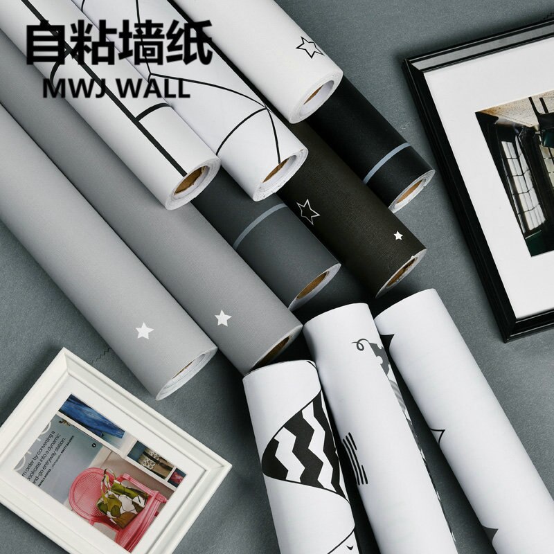 Nordic simple black and white cartoon simple self-adhesive waterproof PVC wallpaper bedroom dormitory wallpaper
