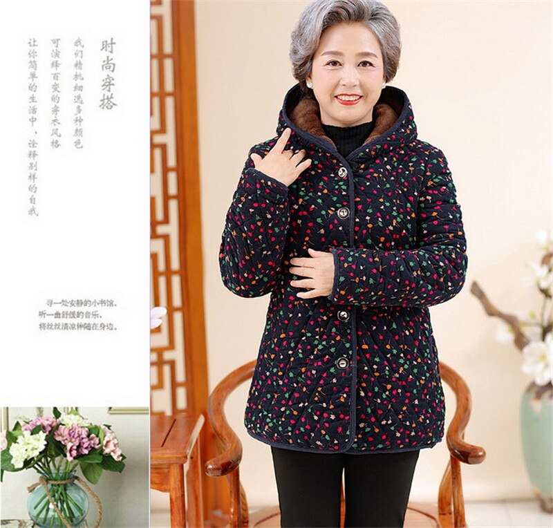 Plus size oudere vrouwen winterjas met capuchon warm plus fluweel dikke katoenen jas oma losse bedrukte winterparka bovenkleding: Kleur 3 / 4xl