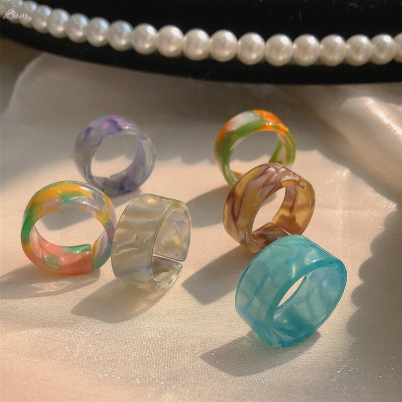 AOMU 1PC Korea Colorful Halo Dyeing Acrylic Resin Open Ring for Women Party Jewelry Vintage Finger Rings