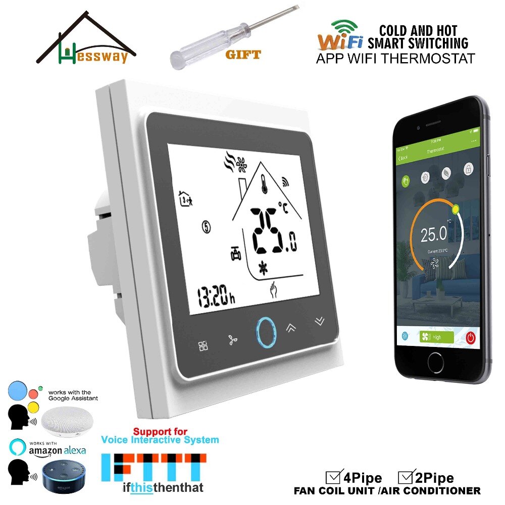 HESSWAY TUYA APP Smart Fan Coil WIFI Thermostat 24VAC for 4pipe 2Pipe Heat Cool Temp
