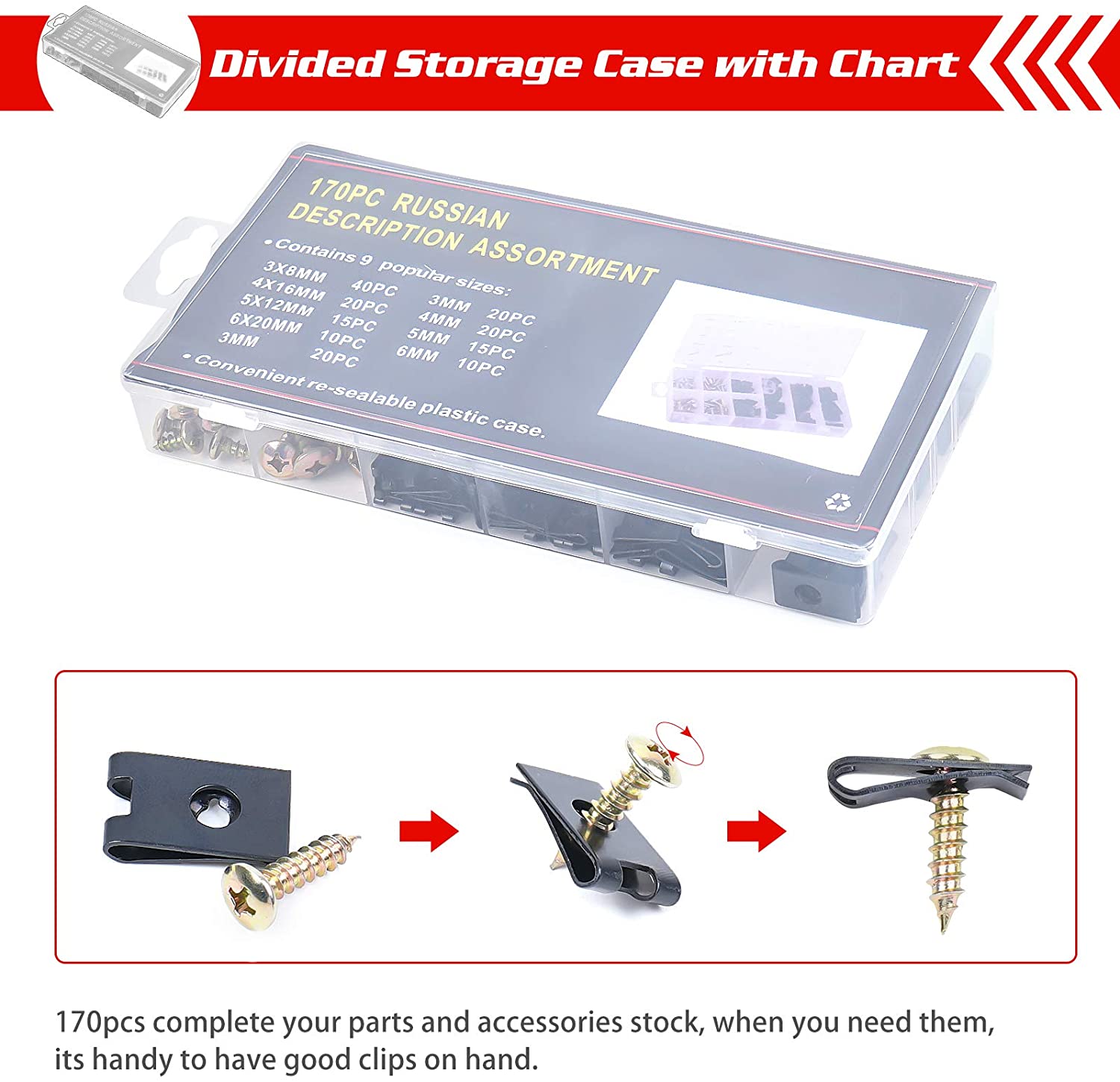 QEEPEI 170PCS Car U Clip with Screw Assortment Kit Automotive U Nut Screw Clip Metal Body Panel Clip Fasteners