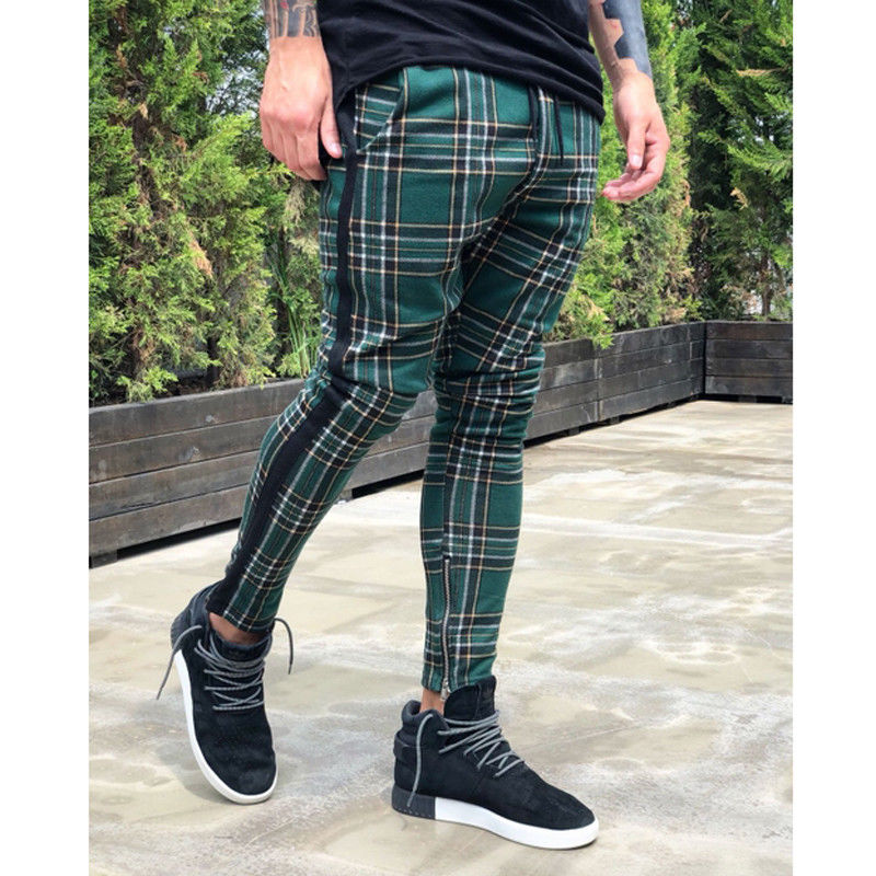 Pants Men Vogue Vintage Plaid Zippers Casual Pencil Pants Trousers Men Side Striped Pockets Casual Harem Pants Trouser: XXXL / Green