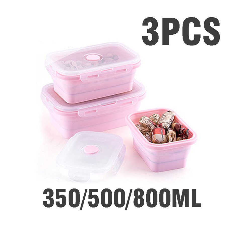 Silikonowy pojemnik na drugie śniadanie zestaw robić układania w stos Bento jedzenie przygotowanie pojemnik składany Lunchbox mikrofalowe pojemniki robić przechowywania kolacji szczelne świeże: różowy A-3szt