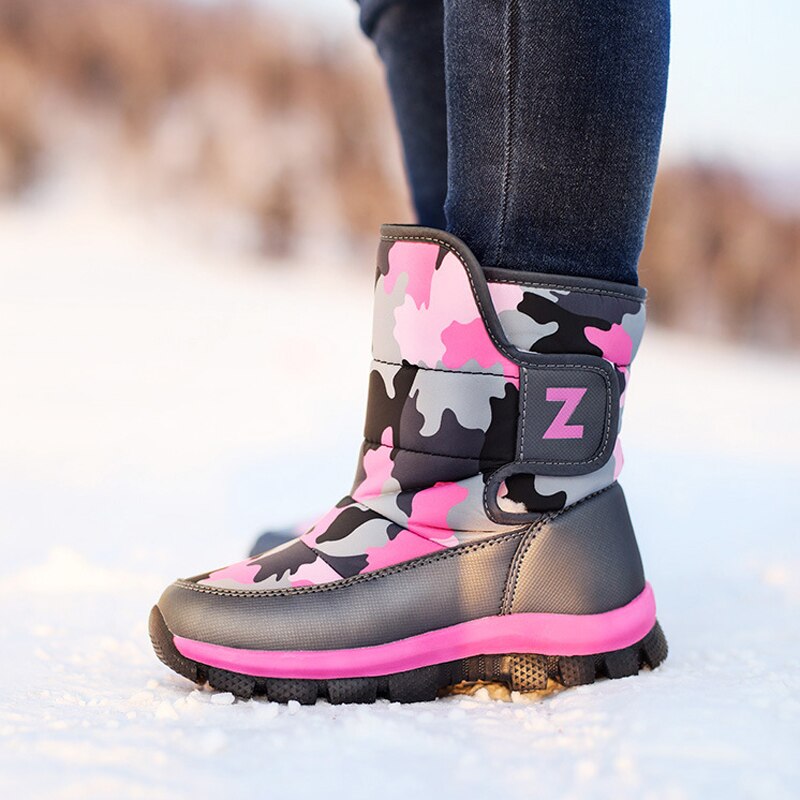 Kinderen waterdichte sneeuwlaarzen winter camouflage antislip stijgijzers platform laarzen voor meisjes jongens kinderen halfhoge pluche warme schoenen