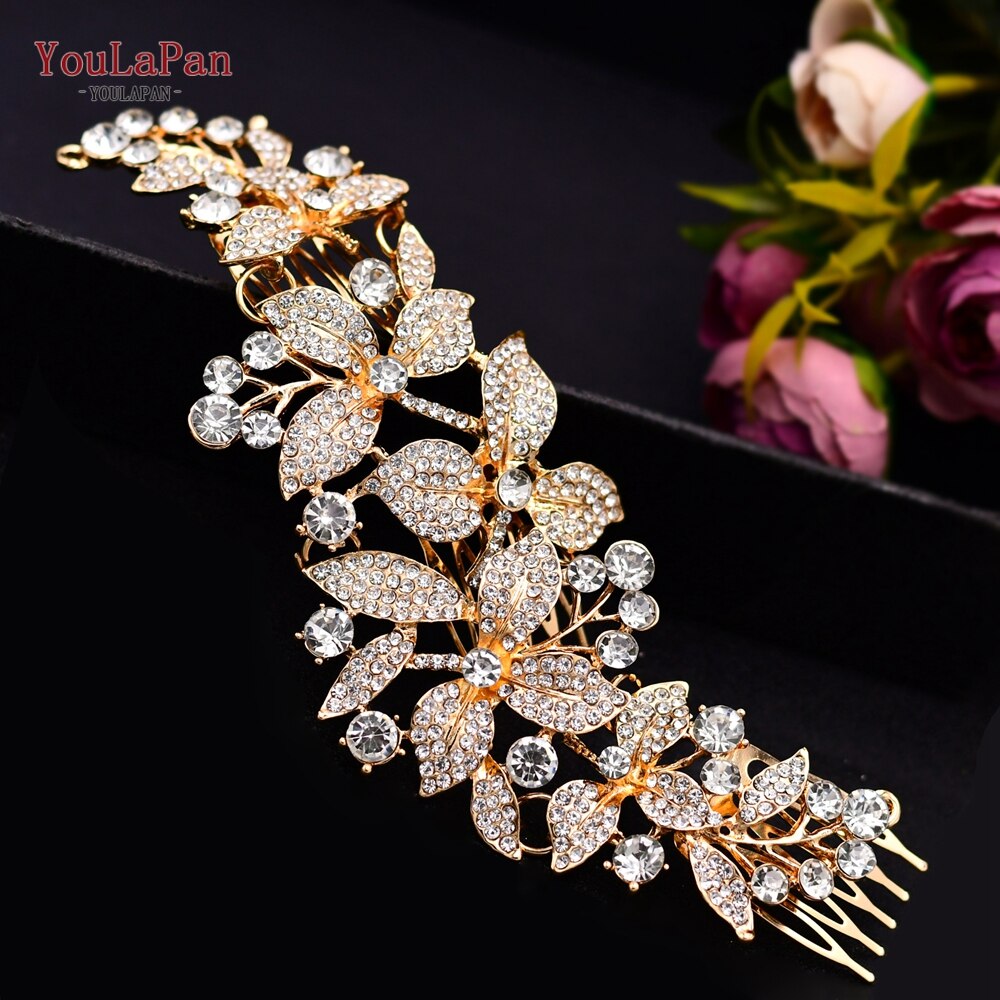 Topqueen-acessórios de cabelo hp301, estilo indiano, para noivado, fabricado em liga de flores, coroa e tiaras, prata, para casamento: HP301-Gold