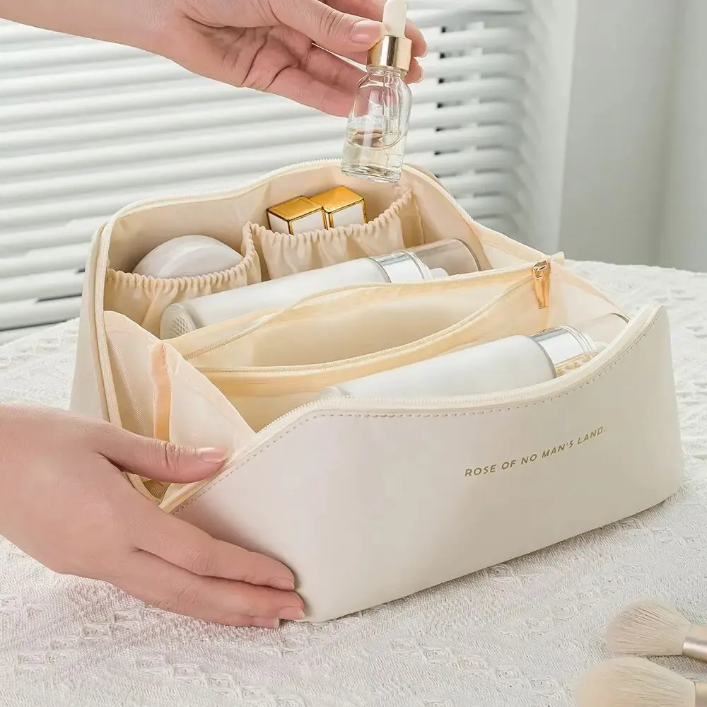 Organizador de maquillaje, kit de aseo femenino, estuche de maquillaje, bolsa de almacenamiento, caja de lujo para mujer, bolsa de cosméticos, bolsa organizadora para viaje con cremallera: Beige