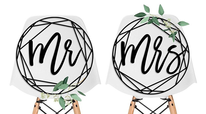Modern Wedding Chair Signs Geometric Style for Bride and Groom Wedding Chairs, Minimalist Calligraphy Hanging Signs Set