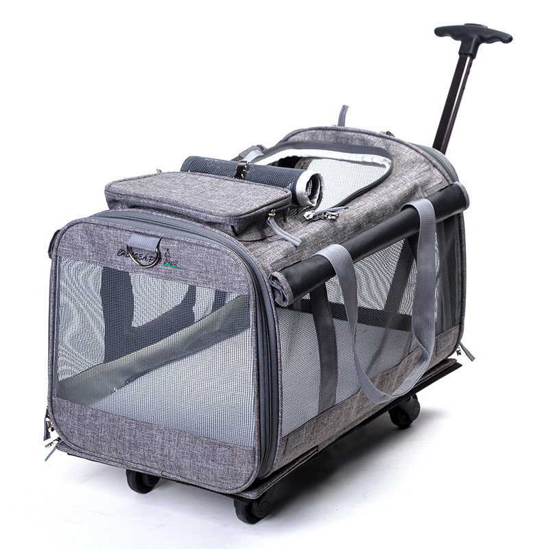 Portátil caso do trole do gato do animal de estimação roda universal destacável respirável dobrável grande capacidade saco de viagem do filhote de cachorro sacos de malha: gray