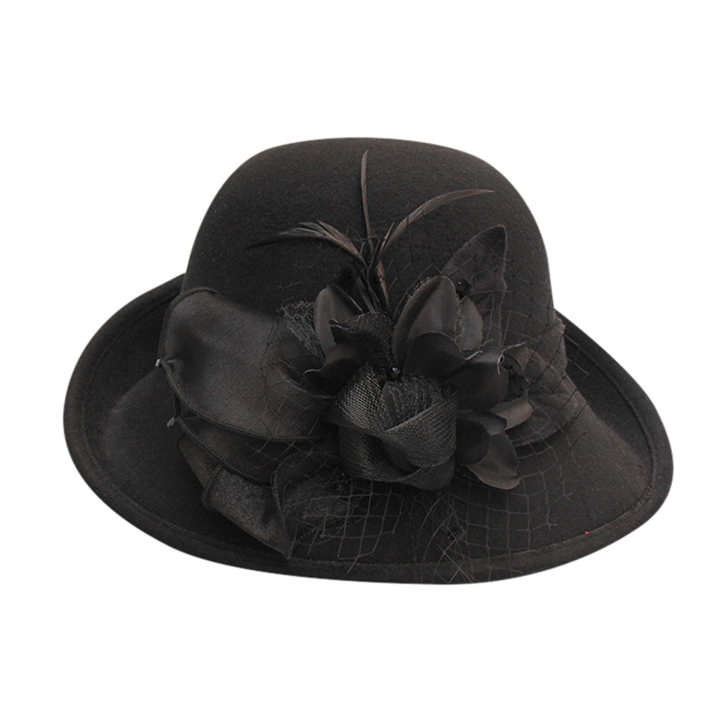 Vintage Black Wool Felt Cloche Hat With Bowknot Wide Brim Bowler Winter Fedoras Ladies Yellow Blue Floppy Derby Hats Cap#p5: Black