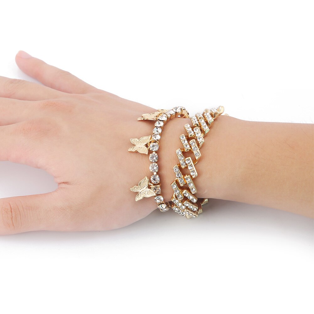 Rhinestone sommerfugl armbånd sæt charms cubanske armbånd til kvinder iset ud cubanske link kæde trendy krystal smykker: Guldfarve