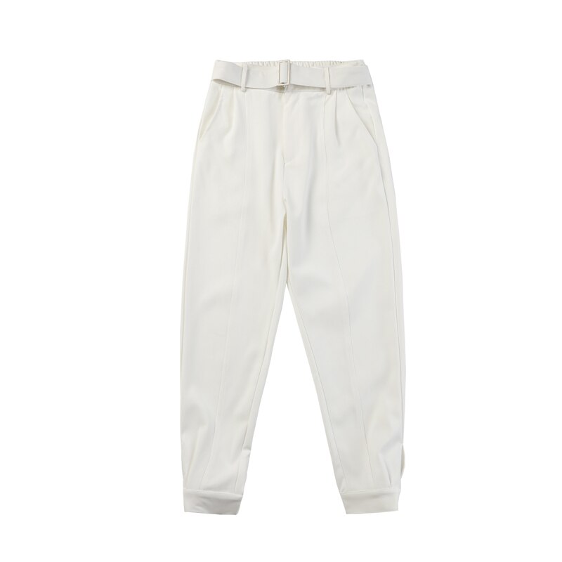 Korean Style Chic Harem Pants Men Solid Black White Man Trouser with Belt Spring Summer Tapered Ankle Length Casual Pant