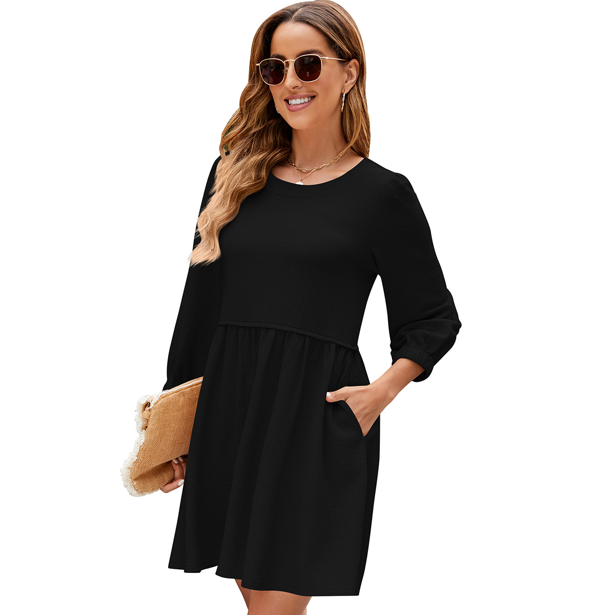 YJKDYK Spring Autumn Women's Dress Long Sleeve O-neck Casual Loose Dress Female Bubble Sleeve Waistband Dress Pure Color Dress: XL / black