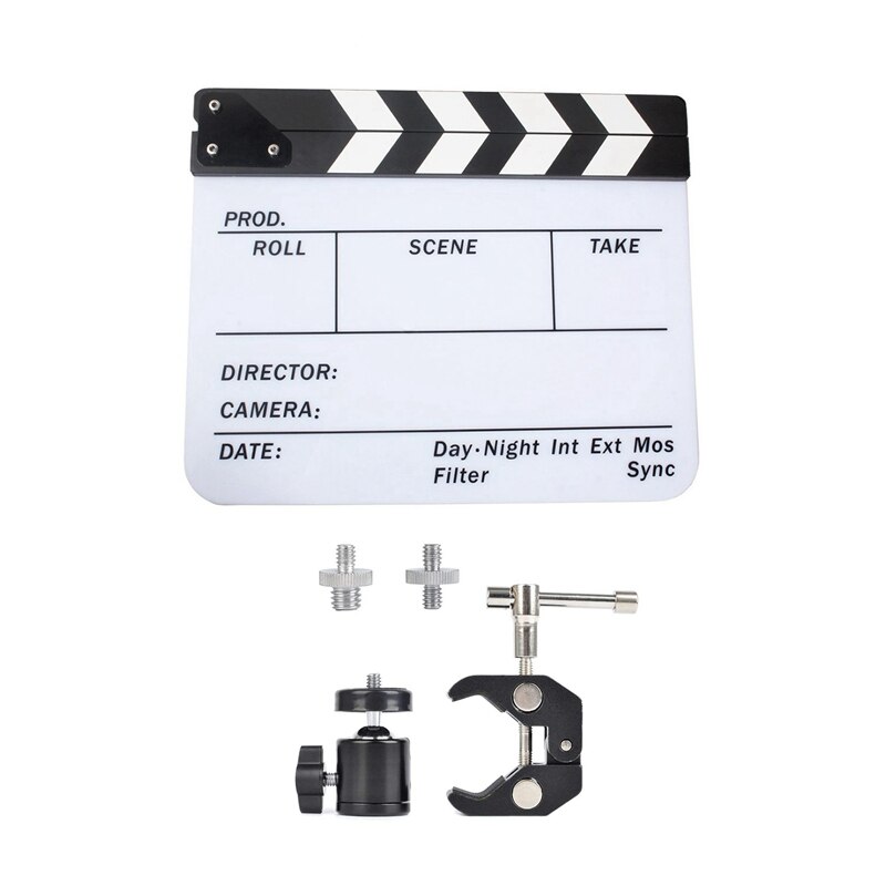 1 Pcs Clapboard Dry Erase Movie Clapper Board Slate 29.8 X 24.5Cm & 1 Set Super Clamp Mount Articulated Ball Head