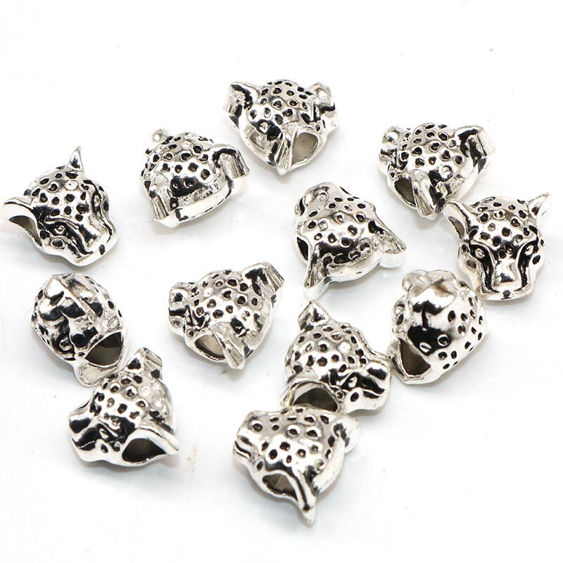 12MM leopard Head Silver Color material Tibetan Silver Color Beads European Spacer Beads big hole For charm Jewelry Making: Silver / 10PCS