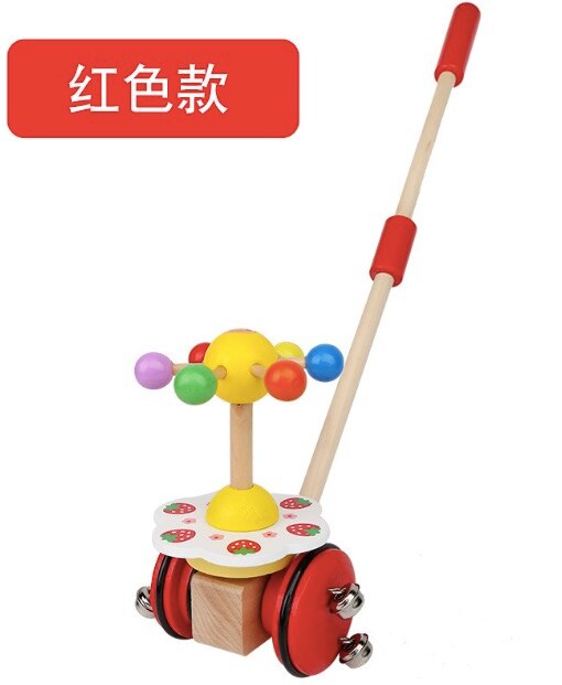 Marcheur en bois tige de poussée jouet dessin animé rotatif rouleau chariot apprentissage marche guide bois première étape voiture enfant en bas âge chariot bébé anniversaire: Red