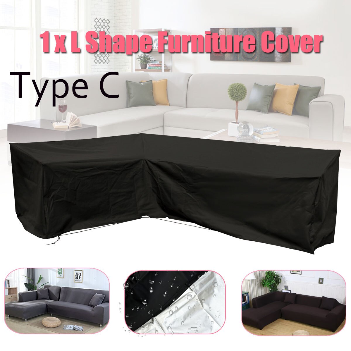 Juegos de tela impermeable para muebles de exterior, cubierta protectora de poliéster a prueba de polvo, para sofá, color negro: C