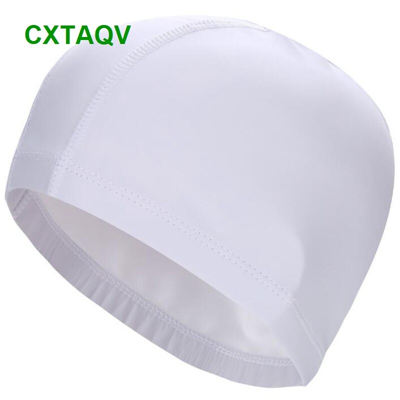 Comfortable Fit Adult Men Women Blank Swimming Cap Elastic Waterproof PU Fabric Protect Ears & Long Hair Swim Pool Hat: White