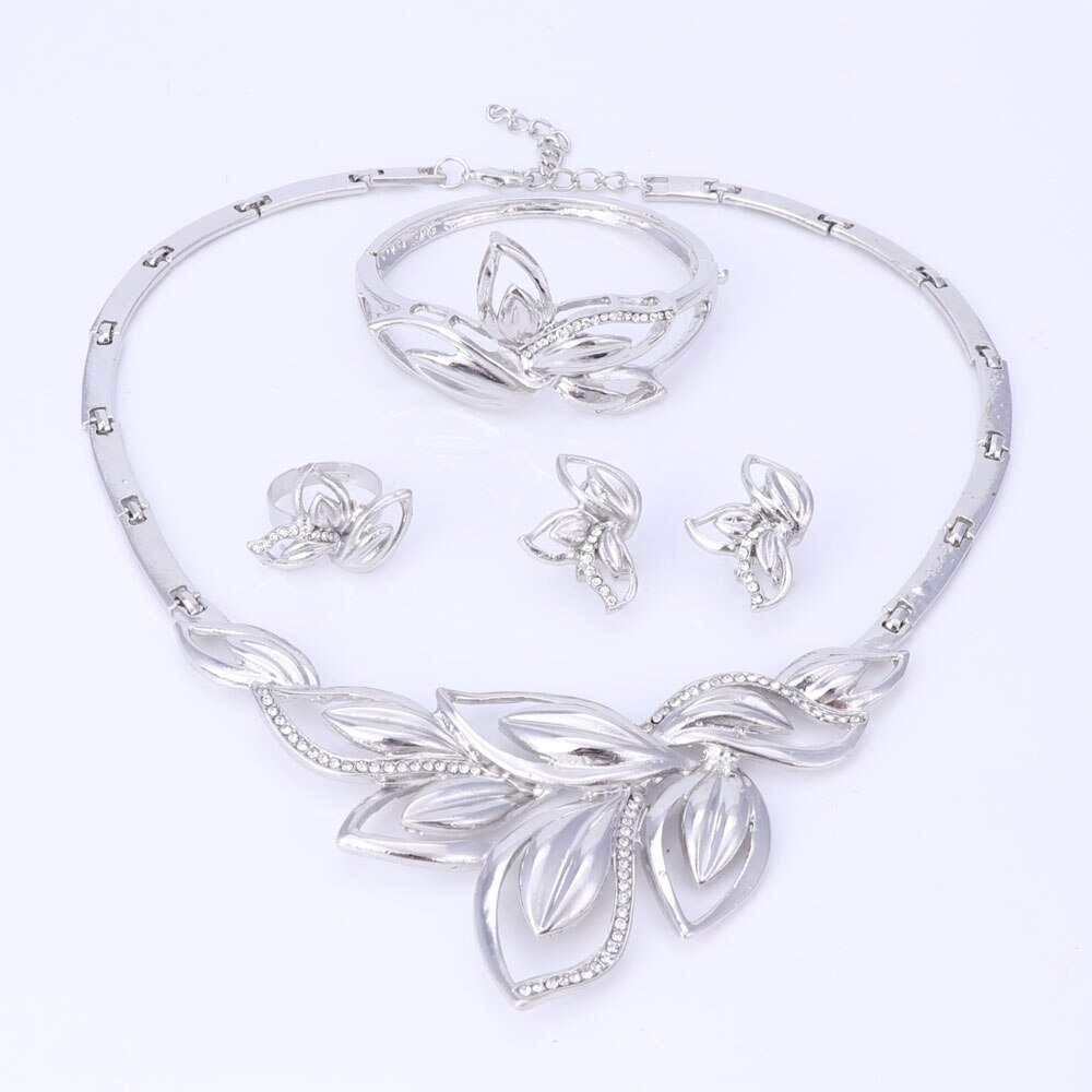 Neueste Neue Afrikanischen Kostüm Schmuck setzt Silber Überzogene Blätter bilden Halskette einstellen Hochzeit Elegante Kostüm Schmuck-einstellen
