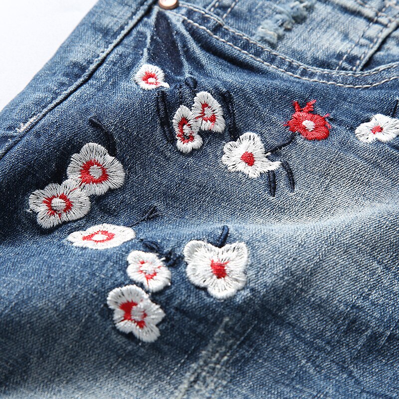 KSTUN-Short en Denim pour hommes, pantalon de court, avec broderie à fleurs, Slim élastique, , été