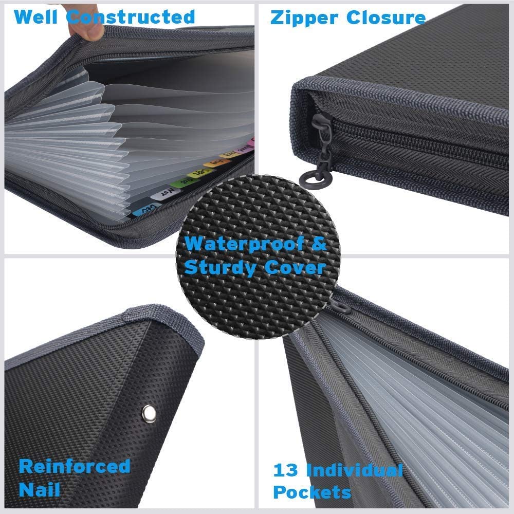 Map Voor Documenten A4 Met Kleverige Labels, 13 Pocket Accordeon Document Organizer Uitbreiden Zip Met Rits Sluiting