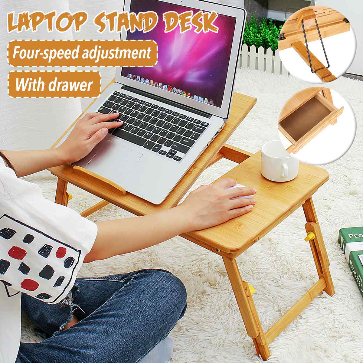 Bamboo Laptop Desk With Drawer Notebook Table Folding Adjustable Laptop Stand For Bed Office Cooling Laptop Table Computer Desks