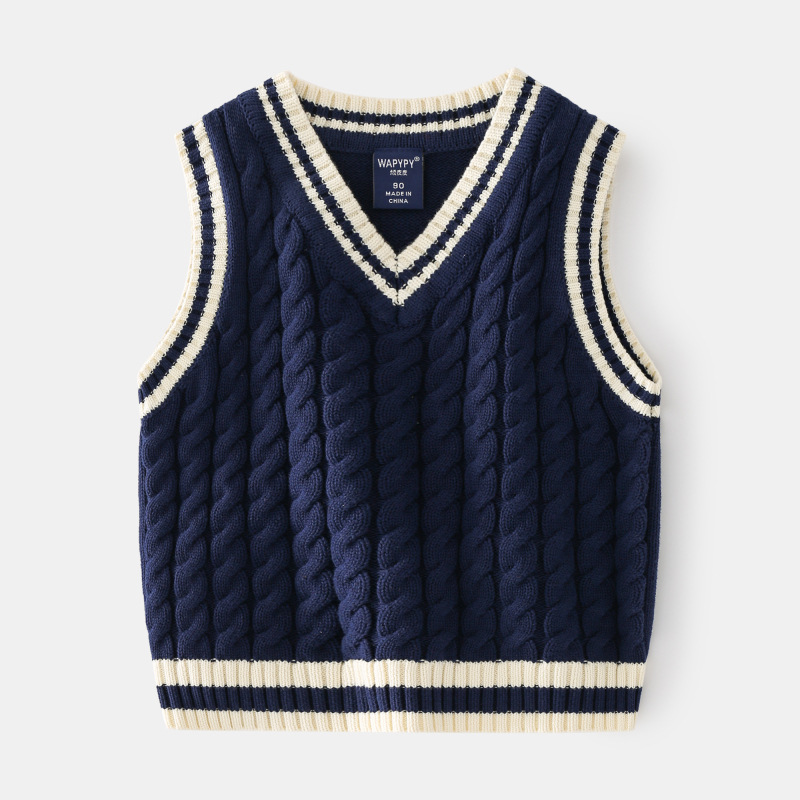 Suéter escolar para niños pequeños, chaleco de mezcla de algodón con cuello en V, de punto, ropa de otoño e invierno: navy / 90(2T)