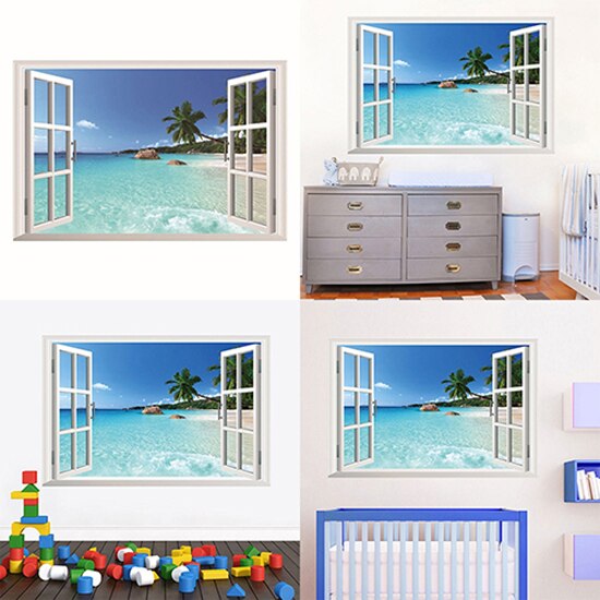 3D Strand Zee Venster Ocean View Landschap Muursticker Interieur Diy Kamer Decal