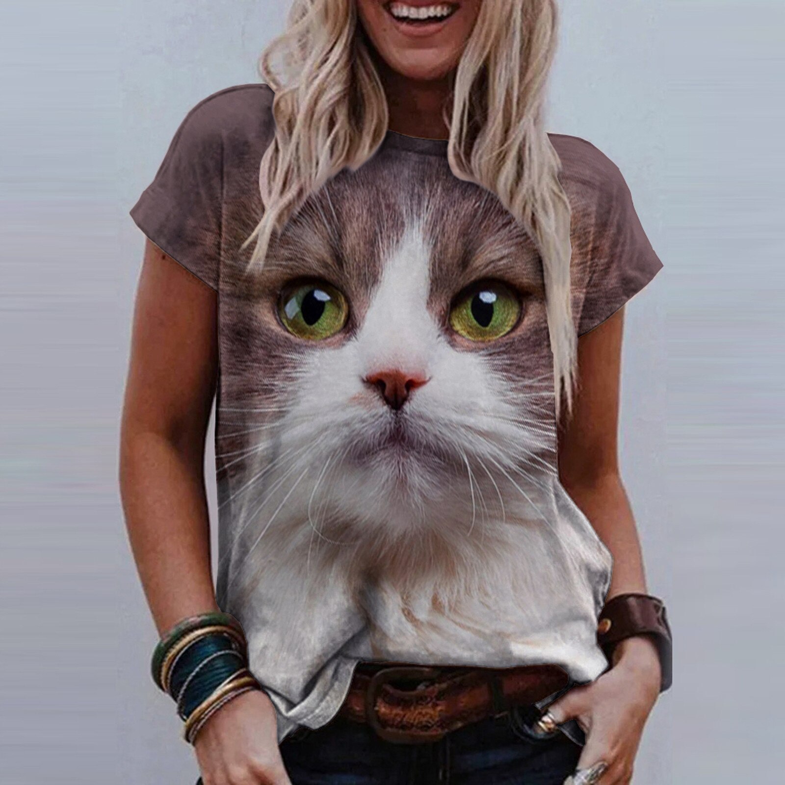 Harajuku-Camiseta con estampado De gato 3D para Mujer, camiseta De manga corta con cuello redondo y estampado De cuerpo completo De camisola De Mujer