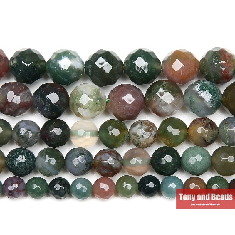 Natural Stone Faceted Indian Agates Round Loose Beads 15" Strand 4 6 8 10 12MM Pick Size For Jewelry