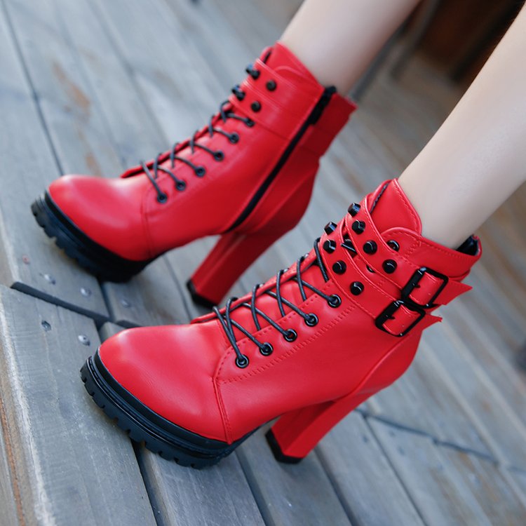 Women High Heel 11 cm Shoes Martain Boot Leather Lace-Up British Style Solid Color Round Toe Shoe Retro Rivet Motorcycle Boots
