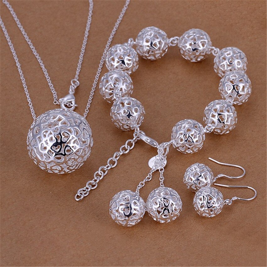 Silber farbe schmuck set weibliche charme exquisite hohl liebevolle ball anhänger halskette armbänder Ohrringe S110