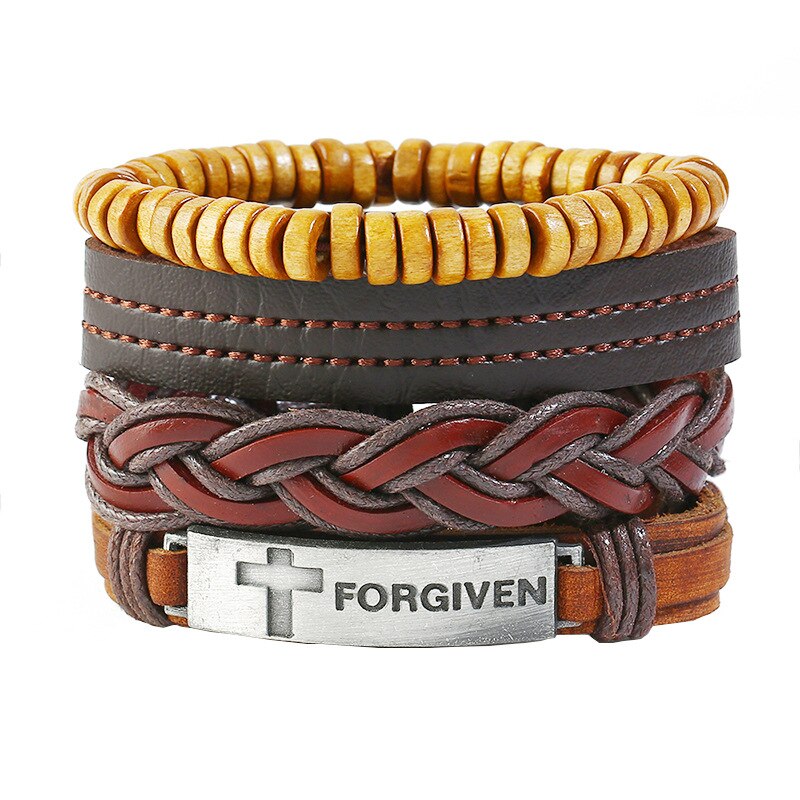 4 pçs feito à mão trançado multicamadas pulseira de couro para homens perdoados cruz wrap pulseira de jóias